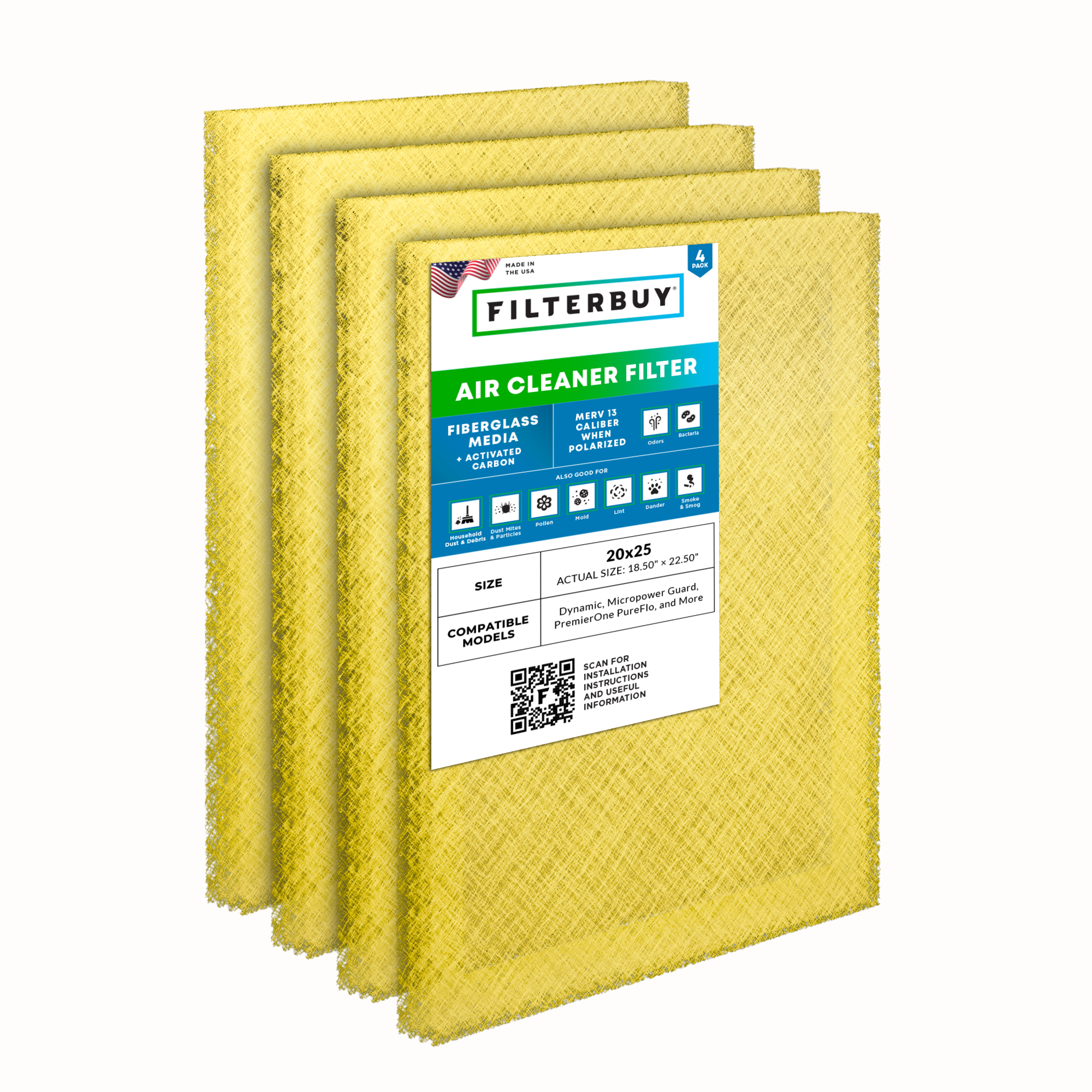 20x25 Carbon Air Cleaner Replacement Pads MERV 13 (4-Pack)